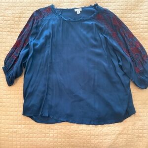 Sundance Women's Boho Blue Silk Top with Red Embroidered